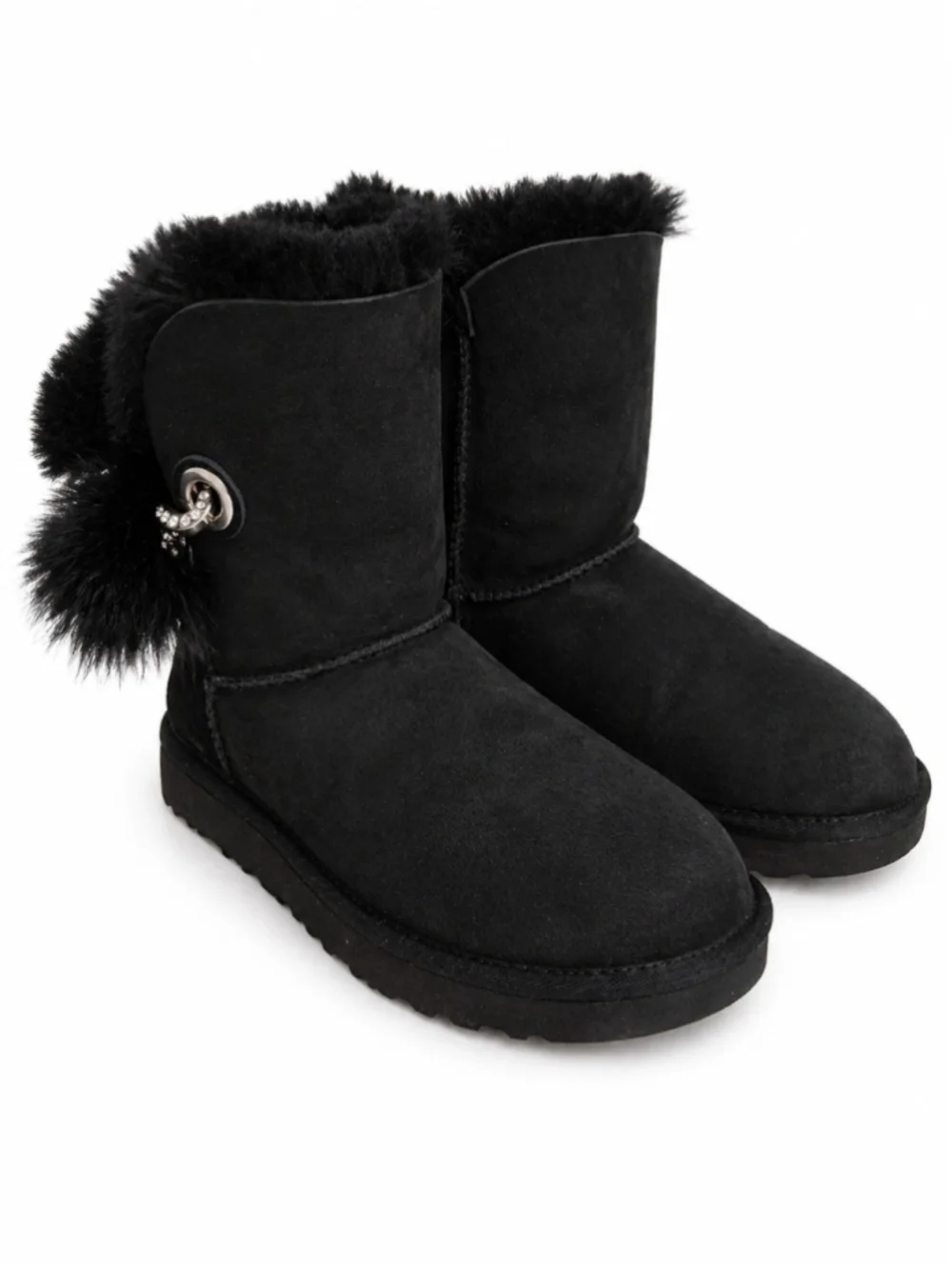 UGG Irina Swarovski Crystal Pin Bling Toscana Pom Pom Black Mid Boots Size 9